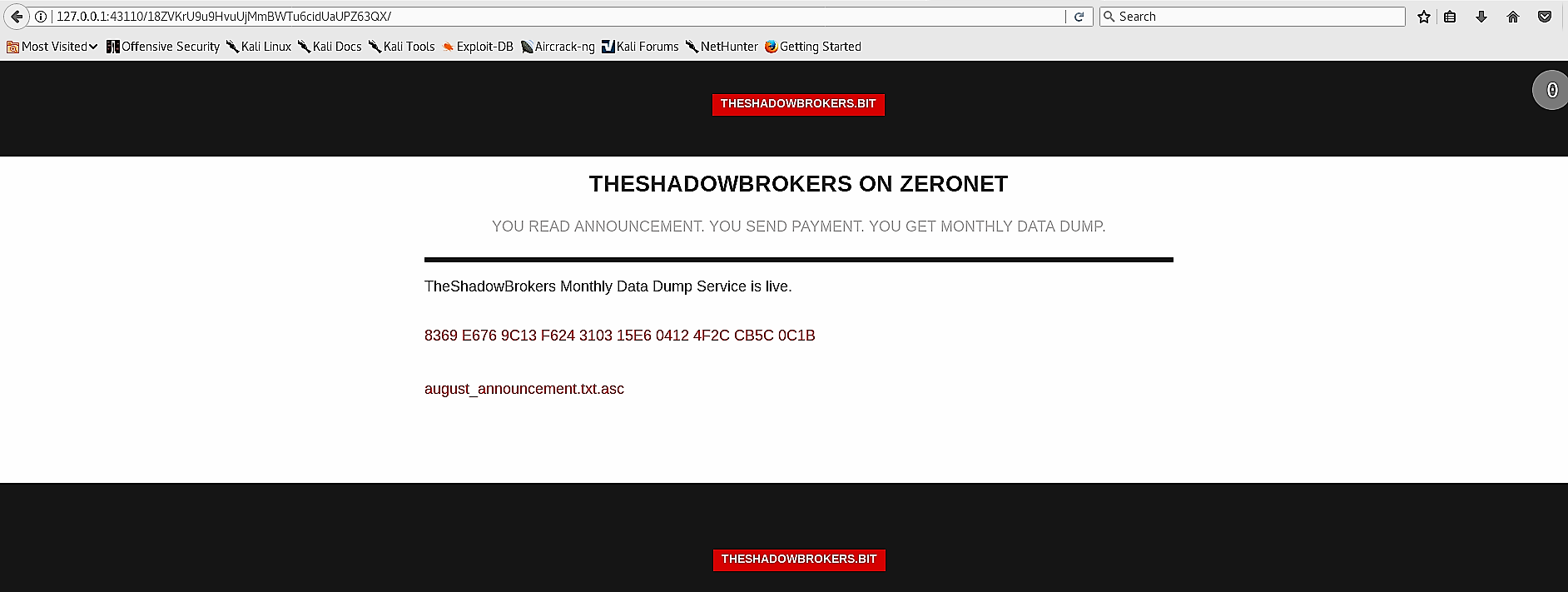 The Shadow Brokers ZeroNet website analysis